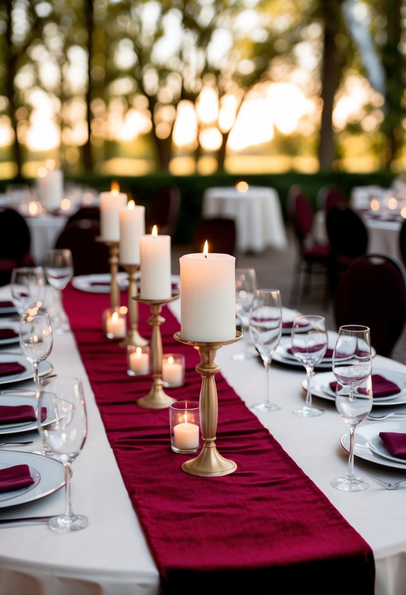 A round table set with velvet runners and candles as wedding centerpieces