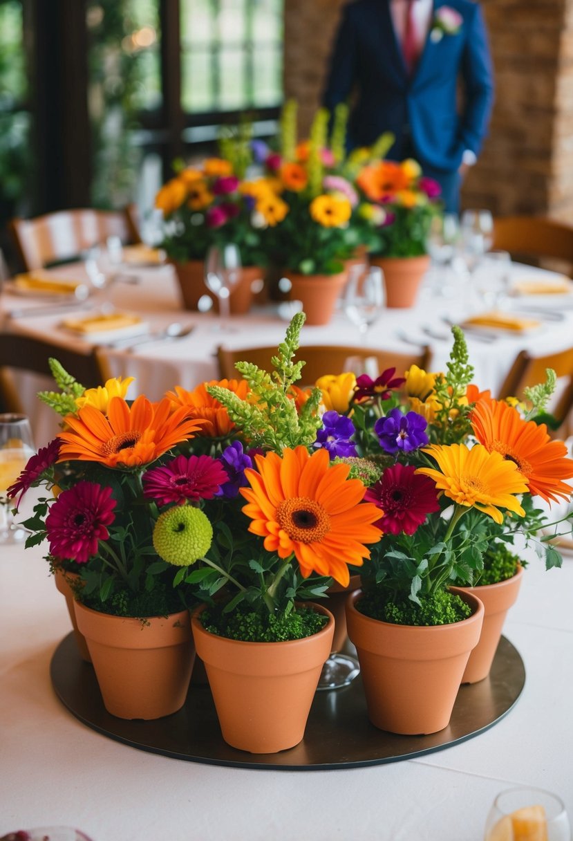 A cluster of terracotta pots filled with vibrant flowers arranged as a wedding centerpiece on a round table