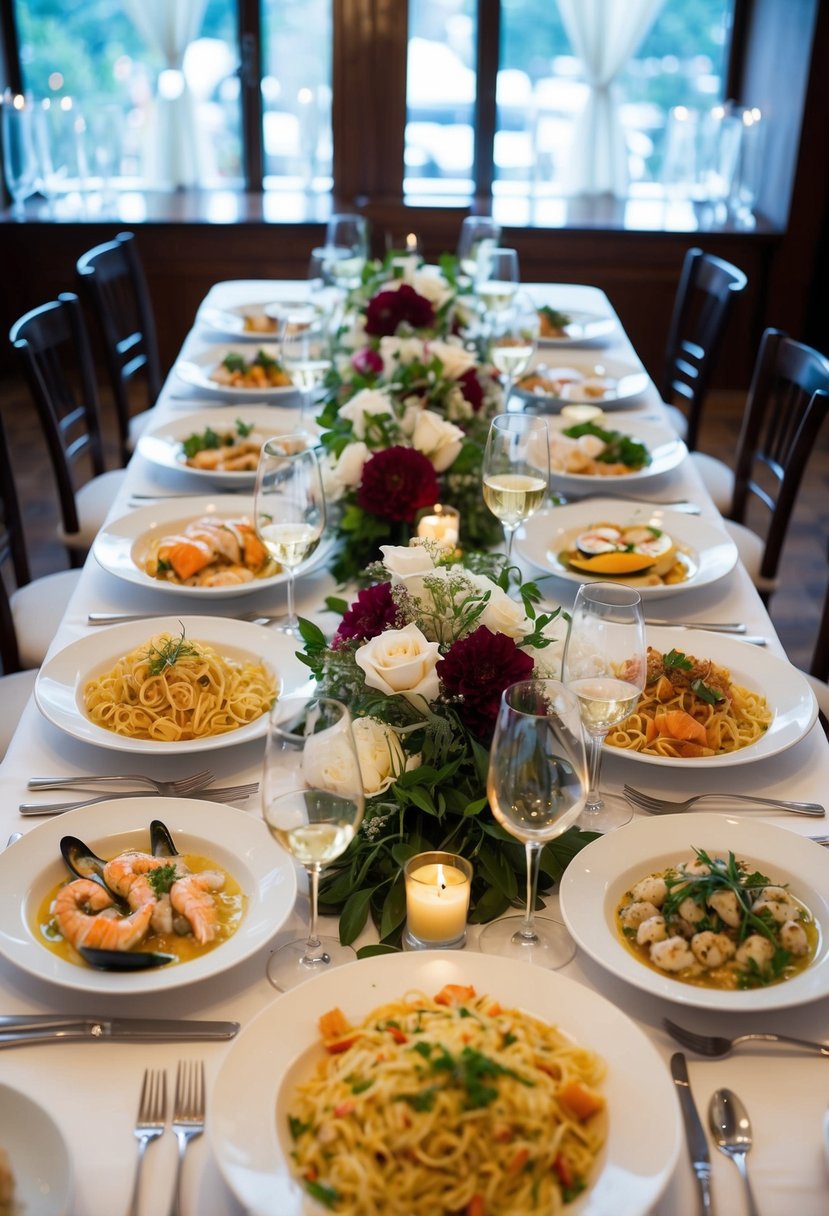 A table set with traditional Italian wedding dishes, including pasta, seafood, and antipasti, surrounded by wine glasses and floral centerpieces