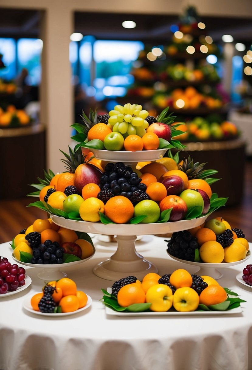 A round table adorned with a bountiful display of fresh, vibrant seasonal fruits arranged in an elegant and inviting centerpiece