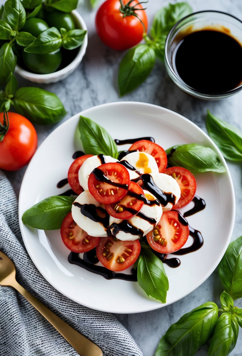 A vibrant Caprese Salad sits on a white plate drizzled with balsamic glaze, surrounded by fresh basil leaves and ripe tomatoes