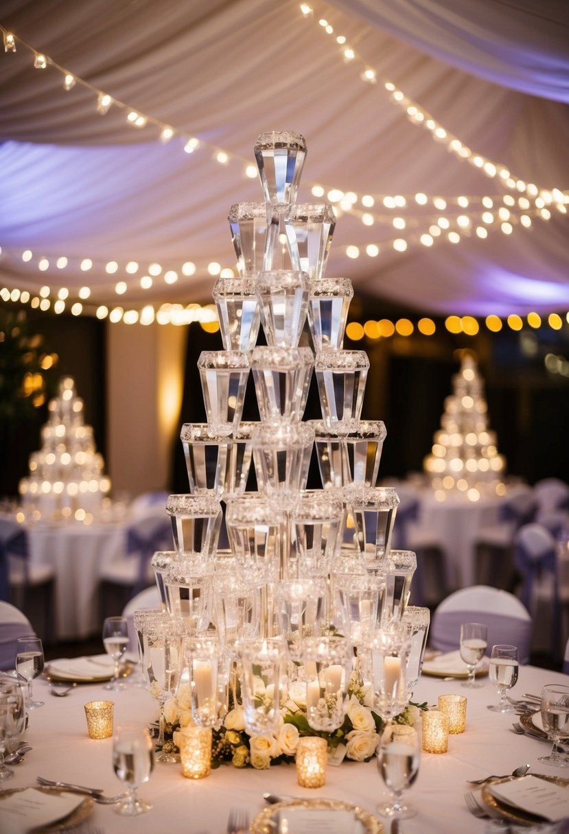 A cluster of crystal towers surrounded by twinkling lights atop a round table, creating a glittering wedding centerpiece