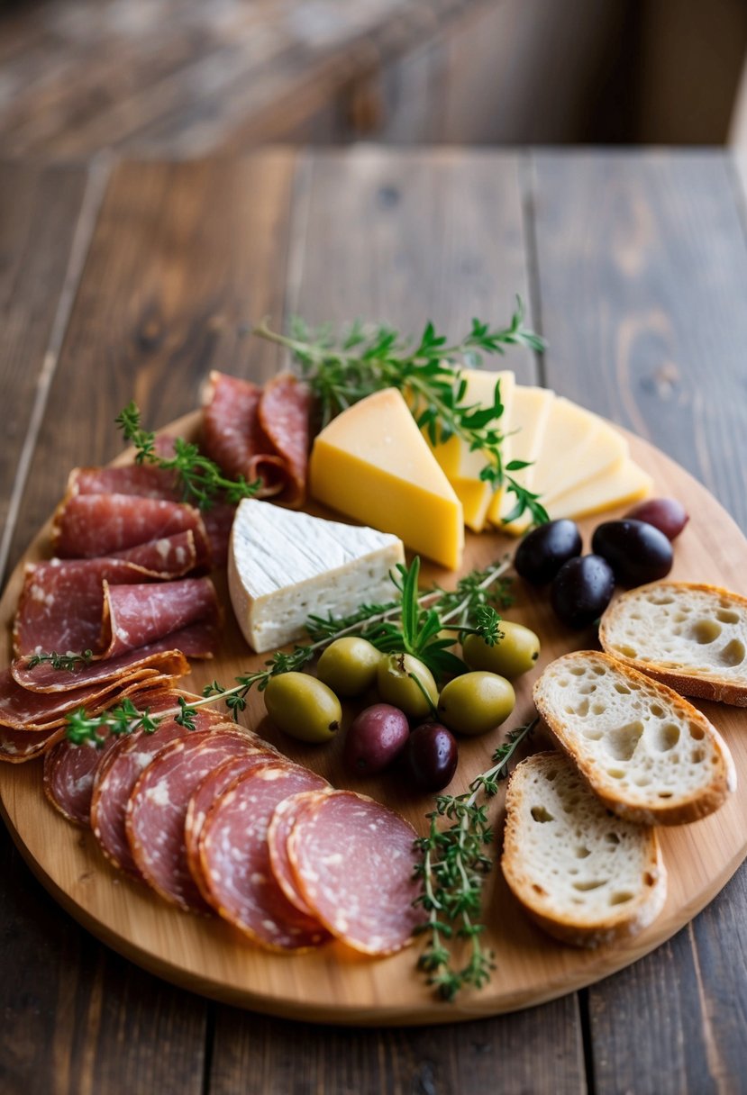 A rustic wooden platter holds an assortment of cured meats, cheeses, and olives, with sprigs of fresh herbs and slices of crusty bread