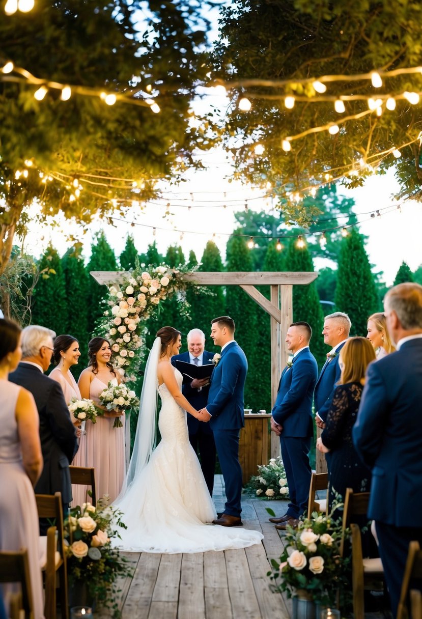 A cozy backyard wedding with twinkling lights, a floral arch, and a rustic wooden altar surrounded by family and friends