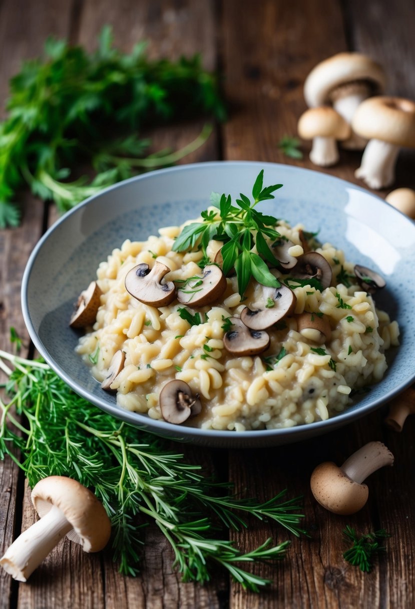 A rustic wooden table set with a steaming bowl of creamy mushroom risotto, surrounded by fresh herbs and a scattering of wild mushrooms