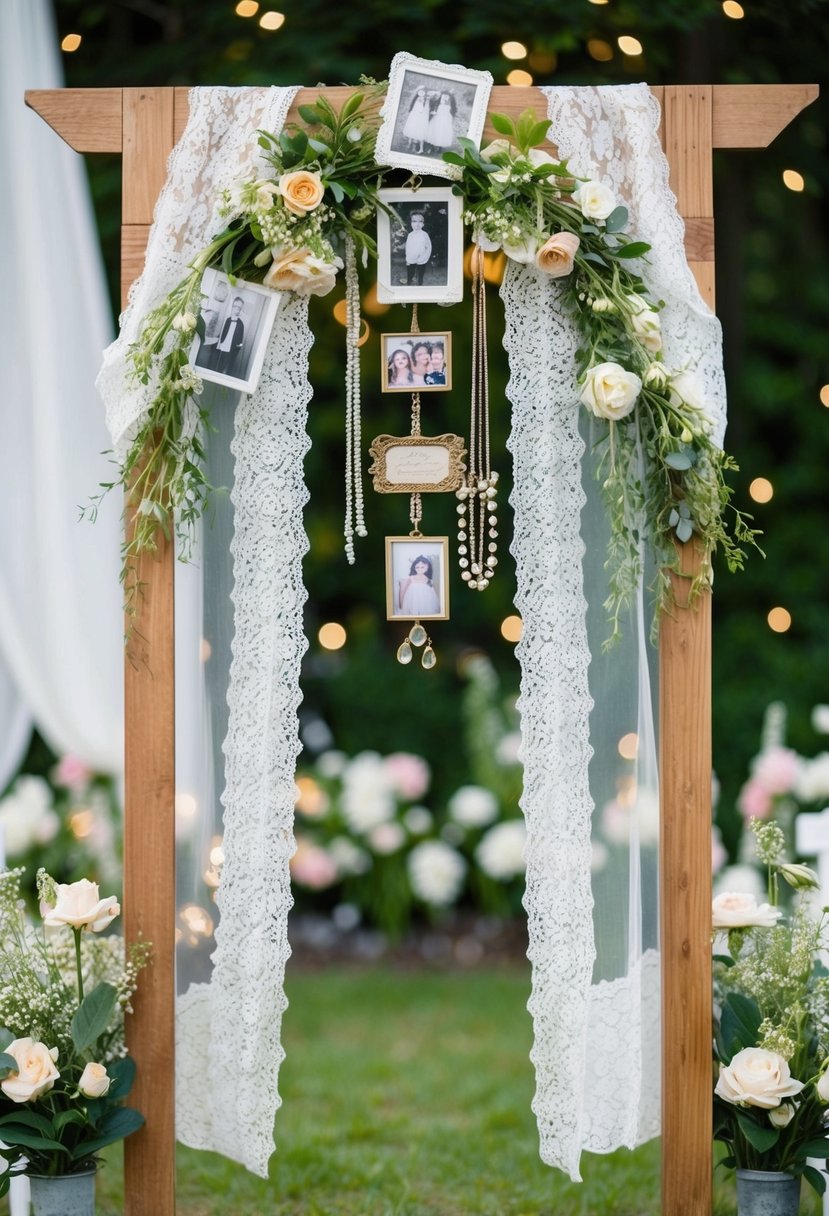 A wooden arch adorned with vintage lace, family photos, and heirloom jewelry, set against a backdrop of blooming flowers and twinkling fairy lights