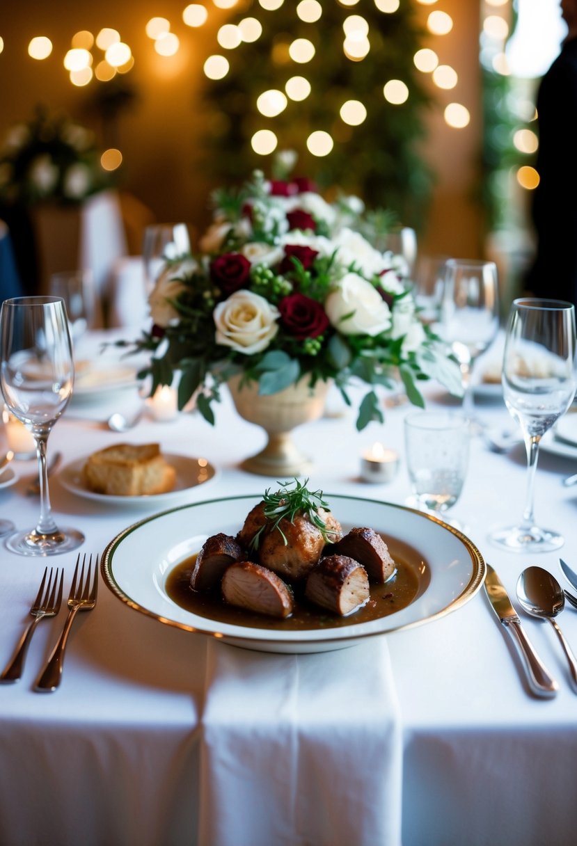 A table set with Osso Buco Milanese, surrounded by Italian wedding decor and ambiance