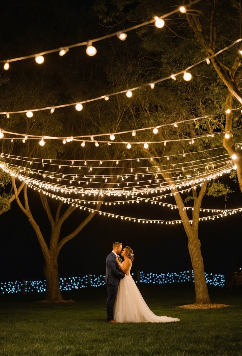 String lights create a warm, magical glow, wrapping around trees and hanging from the ceiling, illuminating a backyard wedding at night