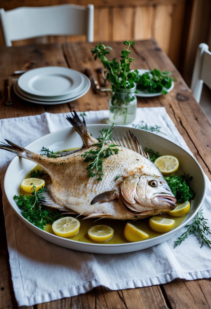 A rustic wooden table set with a white tablecloth, adorned with a whole roasted branzino, surrounded by fresh herbs and lemon slices