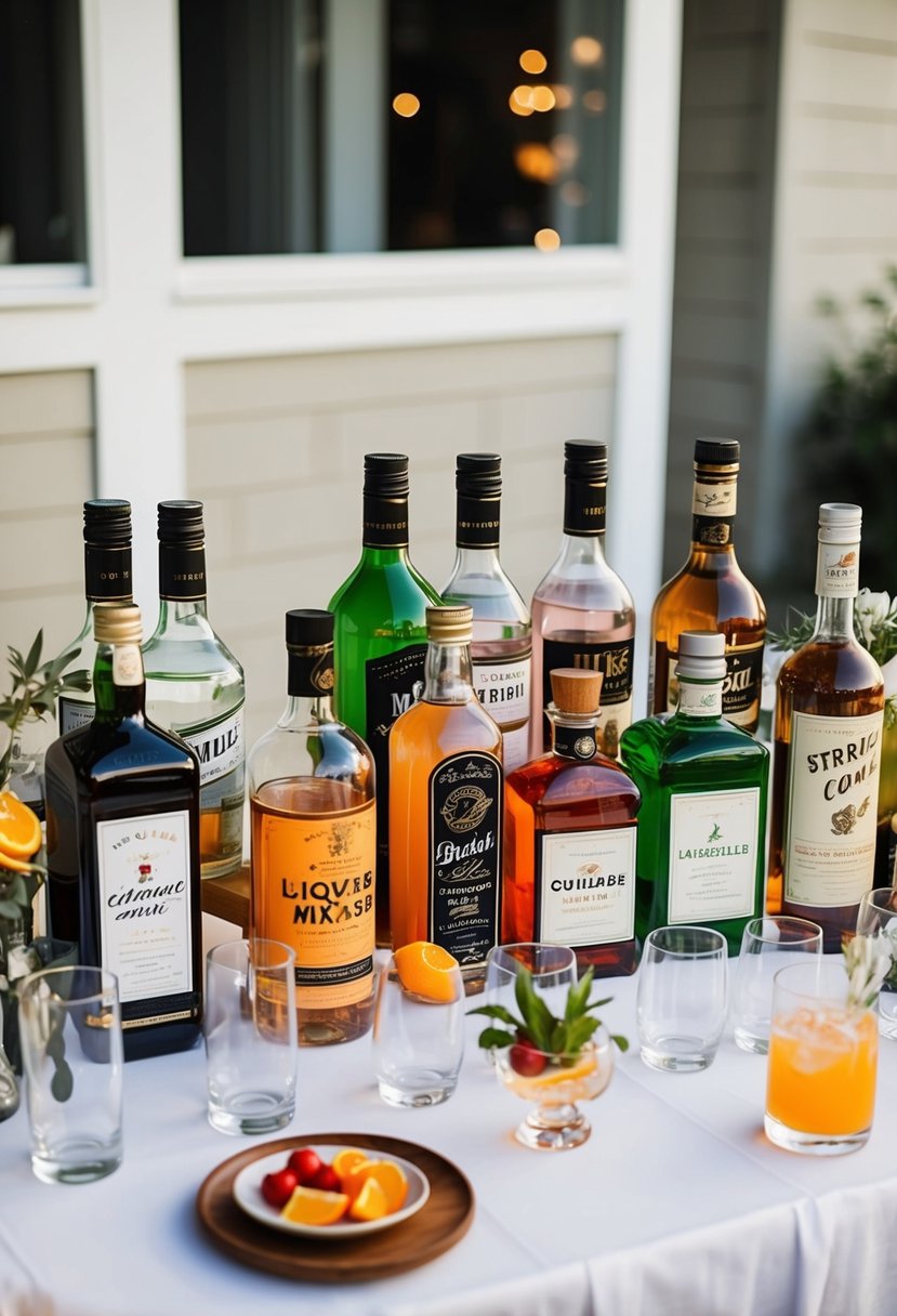 A table with assorted liquor bottles, mixers, garnishes, and glassware arranged neatly for a DIY cocktail station at a home wedding