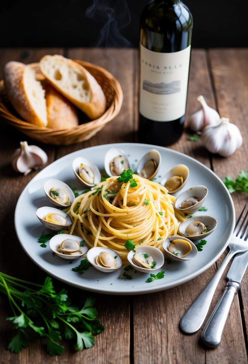 A rustic wooden table set with a steaming plate of spaghetti alle vongole, surrounded by fresh clams, garlic, and parsley. A bottle of wine and a basket of crusty bread complete the scene