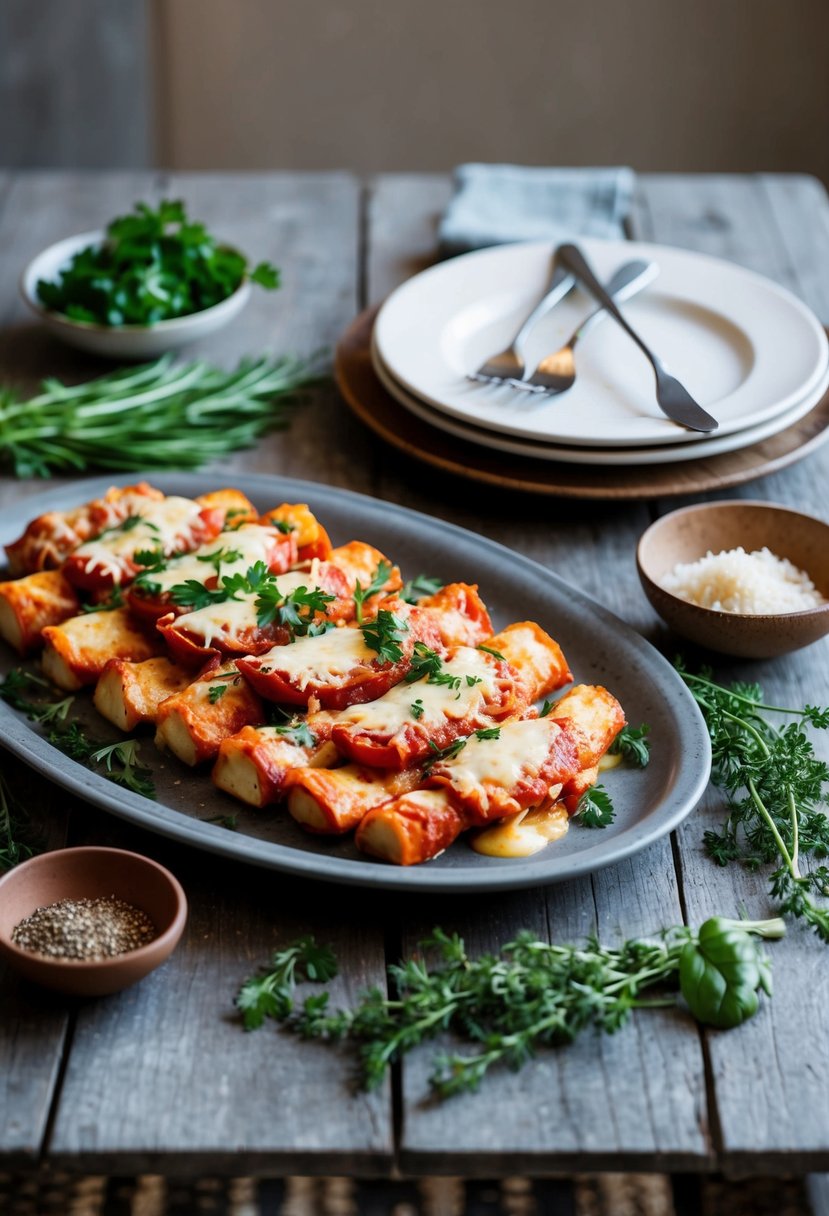 A table set with a platter of melanzane alla Parmigiana, surrounded by fresh herbs and rustic Italian dinnerware