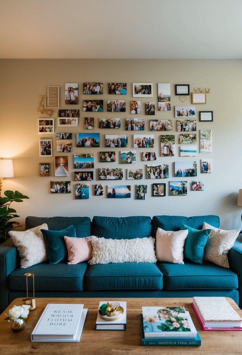 A cozy living room with a photo wall filled with memories from the relationship, surrounded by wedding planning books and decor ideas