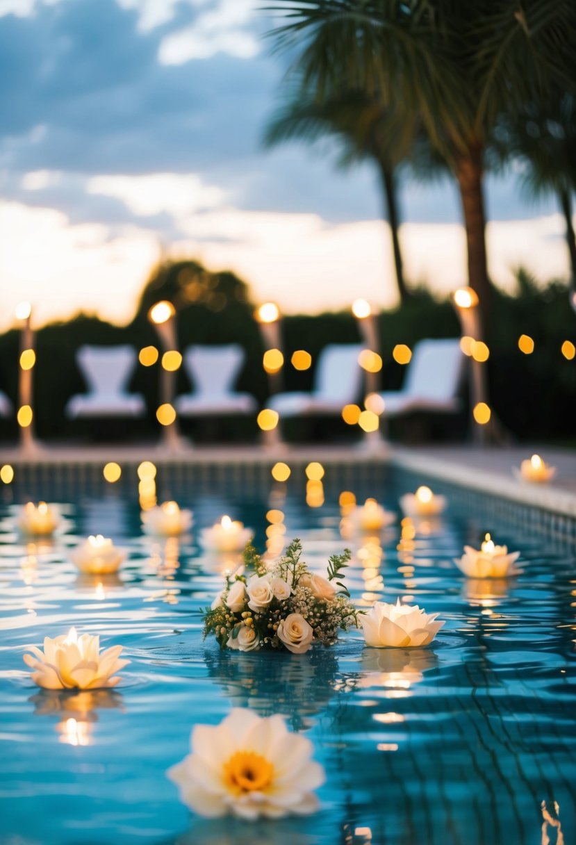 A serene poolside wedding with floating flower arrangements and twinkling lights reflecting on the water