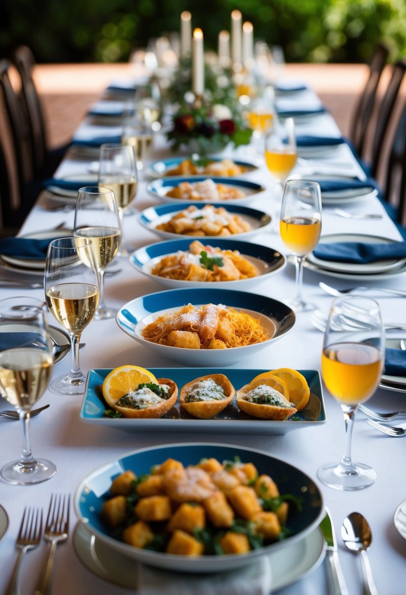 A table set with an assortment of Italian wedding menu dishes, including fritto misto, surrounded by wine glasses and elegant place settings