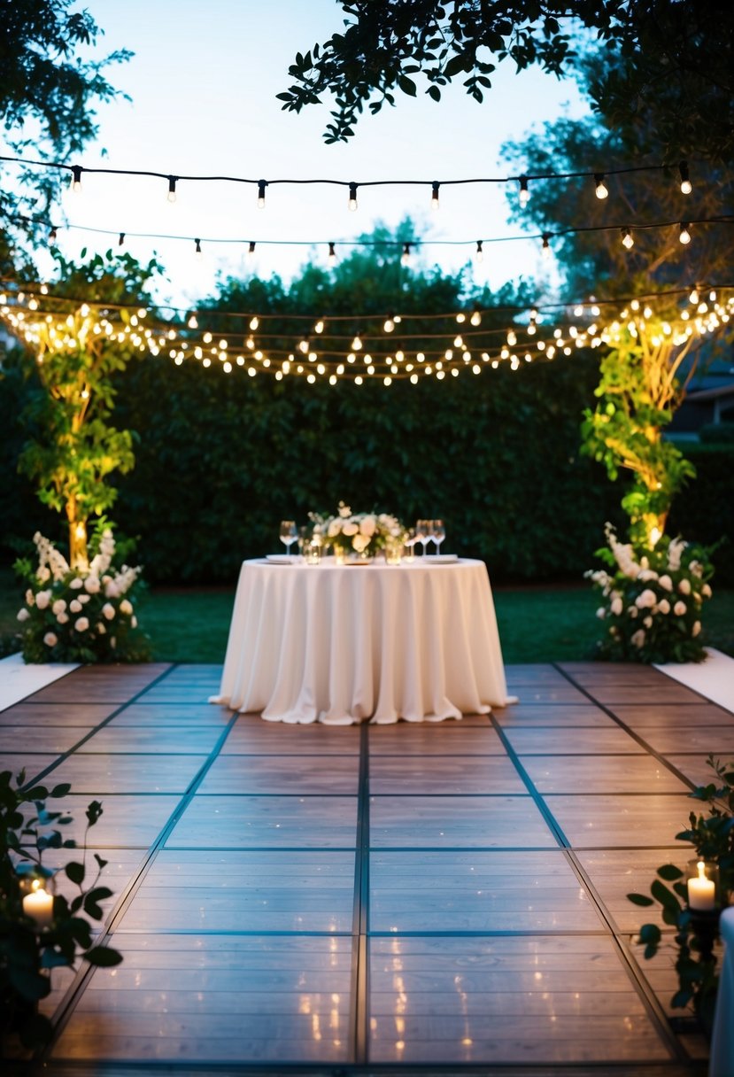 A backyard dance floor with rented flooring, adorned with elegant wedding decor, surrounded by twinkling lights and lush greenery