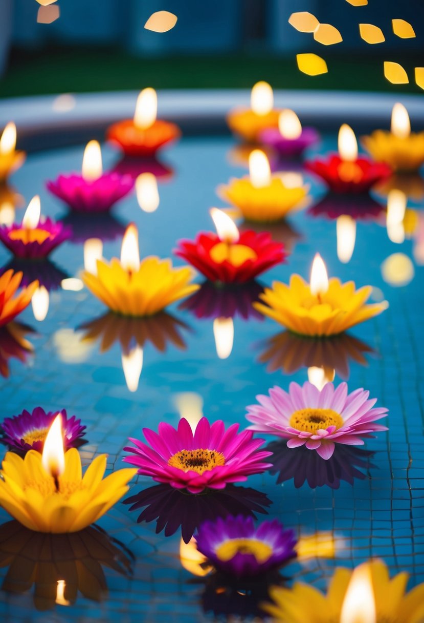 Colorful flowers floating in a crystal-clear pool, surrounded by flickering candlelight and soft, romantic music