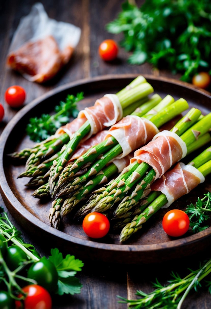 Asparagus spears wrapped in prosciutto on a rustic wooden platter, surrounded by fresh herbs and cherry tomatoes