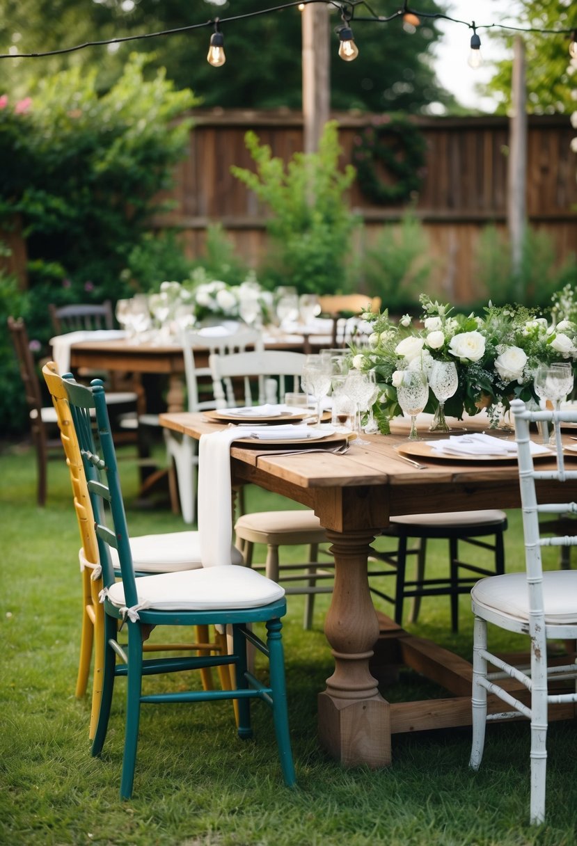 Mismatched vintage chairs arranged in a backyard garden, with a rustic wooden table set for a wedding celebration