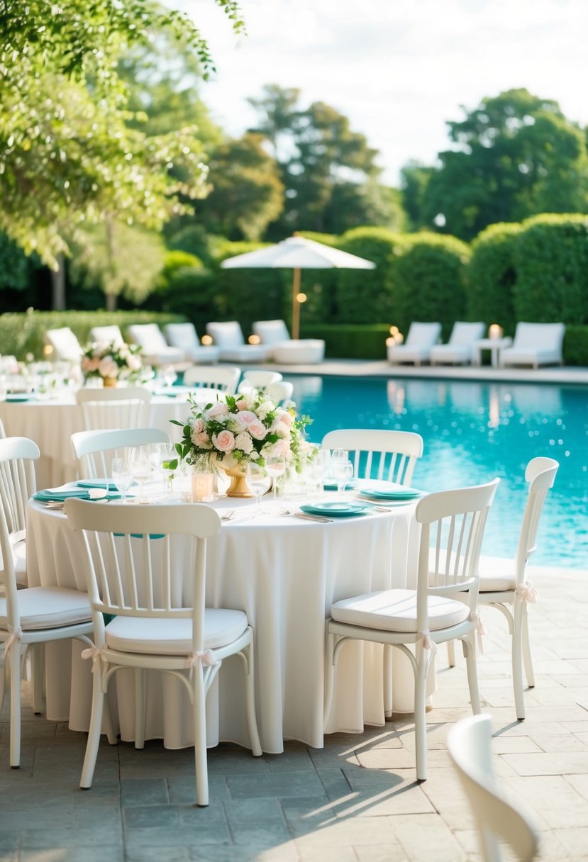 A poolside lounge area at a wedding, with elegant white chairs and tables adorned with floral arrangements, surrounded by lush greenery and sparkling water