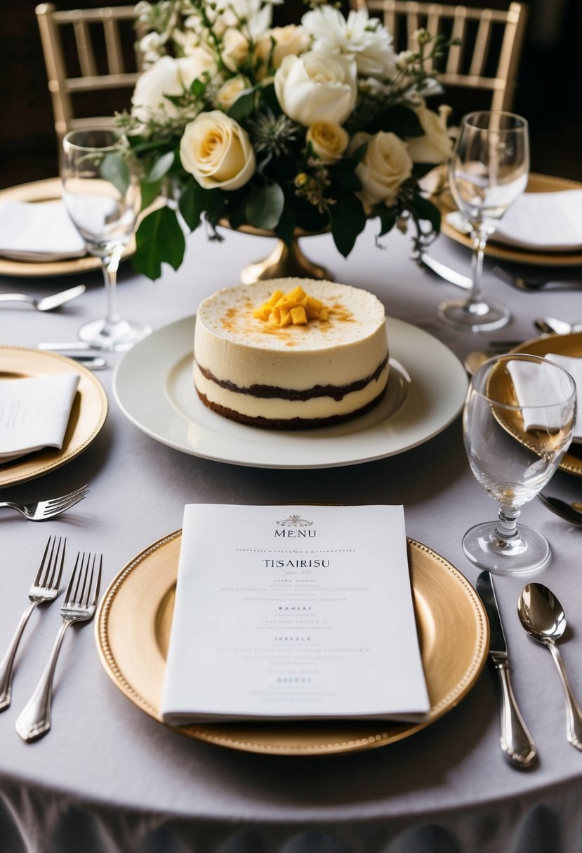 A table set with elegant Italian wedding menu items, featuring a decadent tiramisu dessert as the centerpiece