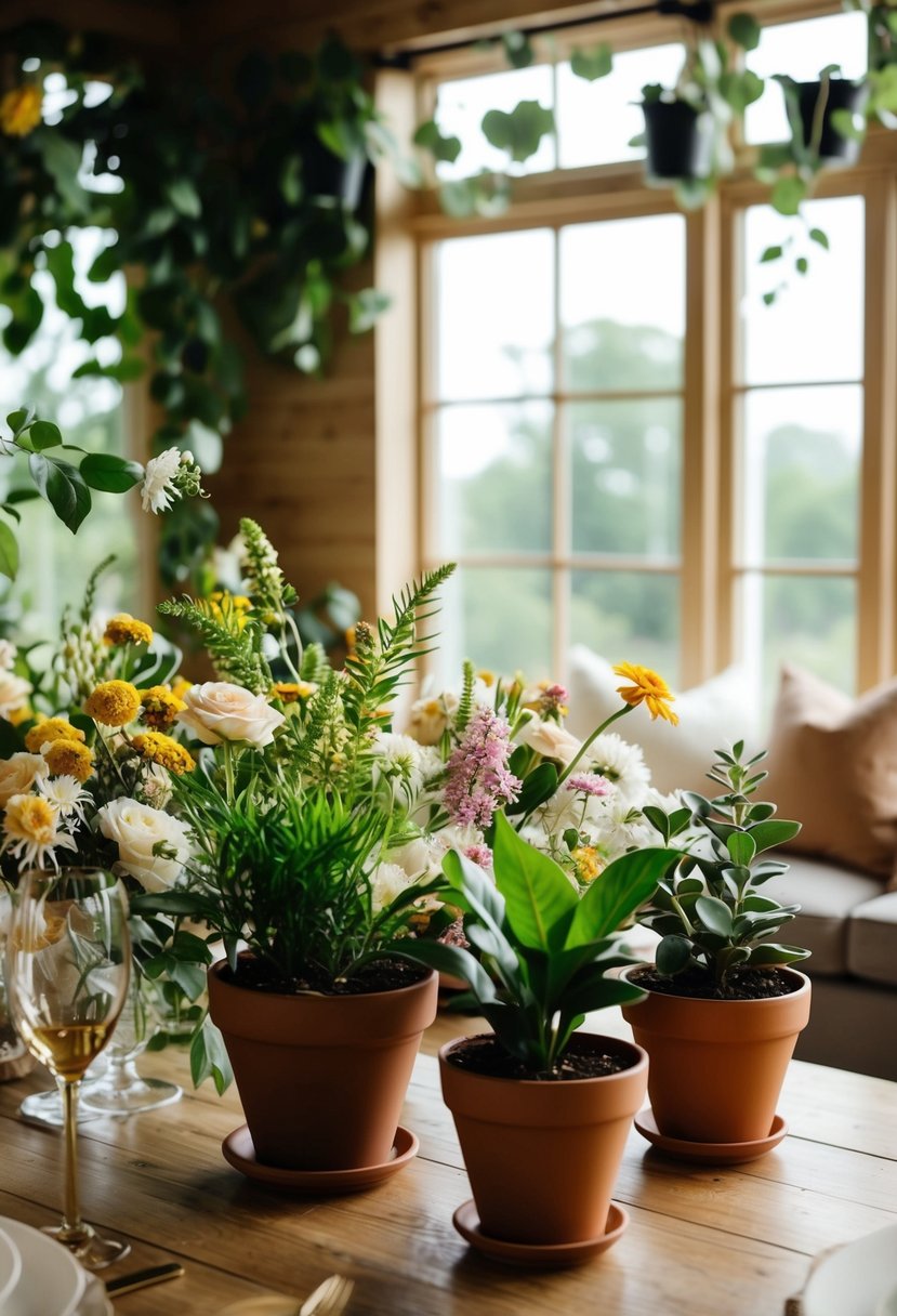 Potted plants and flowers adorn a cozy home wedding, adding natural, eco-friendly decor to the intimate setting