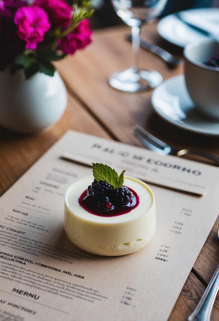 A delicate panna cotta topped with vibrant berry compote on a rustic Italian wedding menu