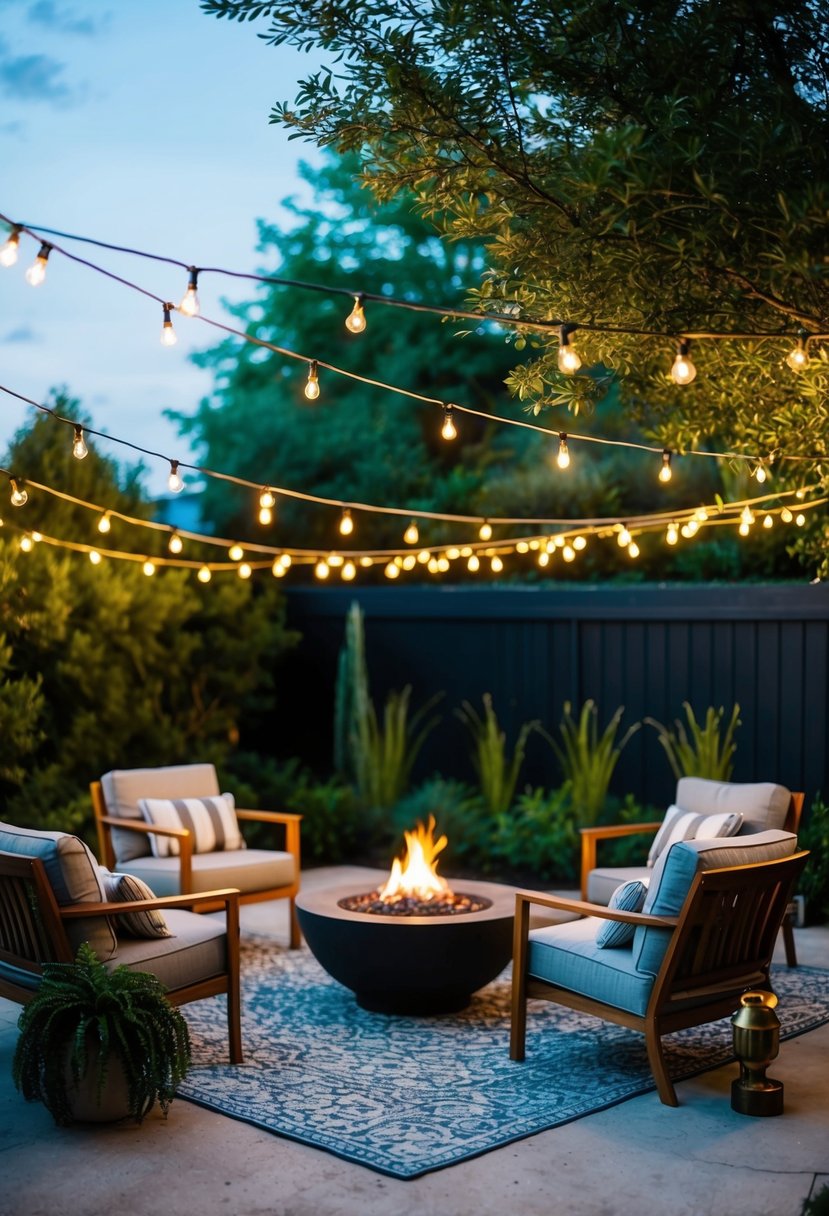 A backyard lounge area with string lights, plush outdoor furniture, and a small fire pit surrounded by greenery