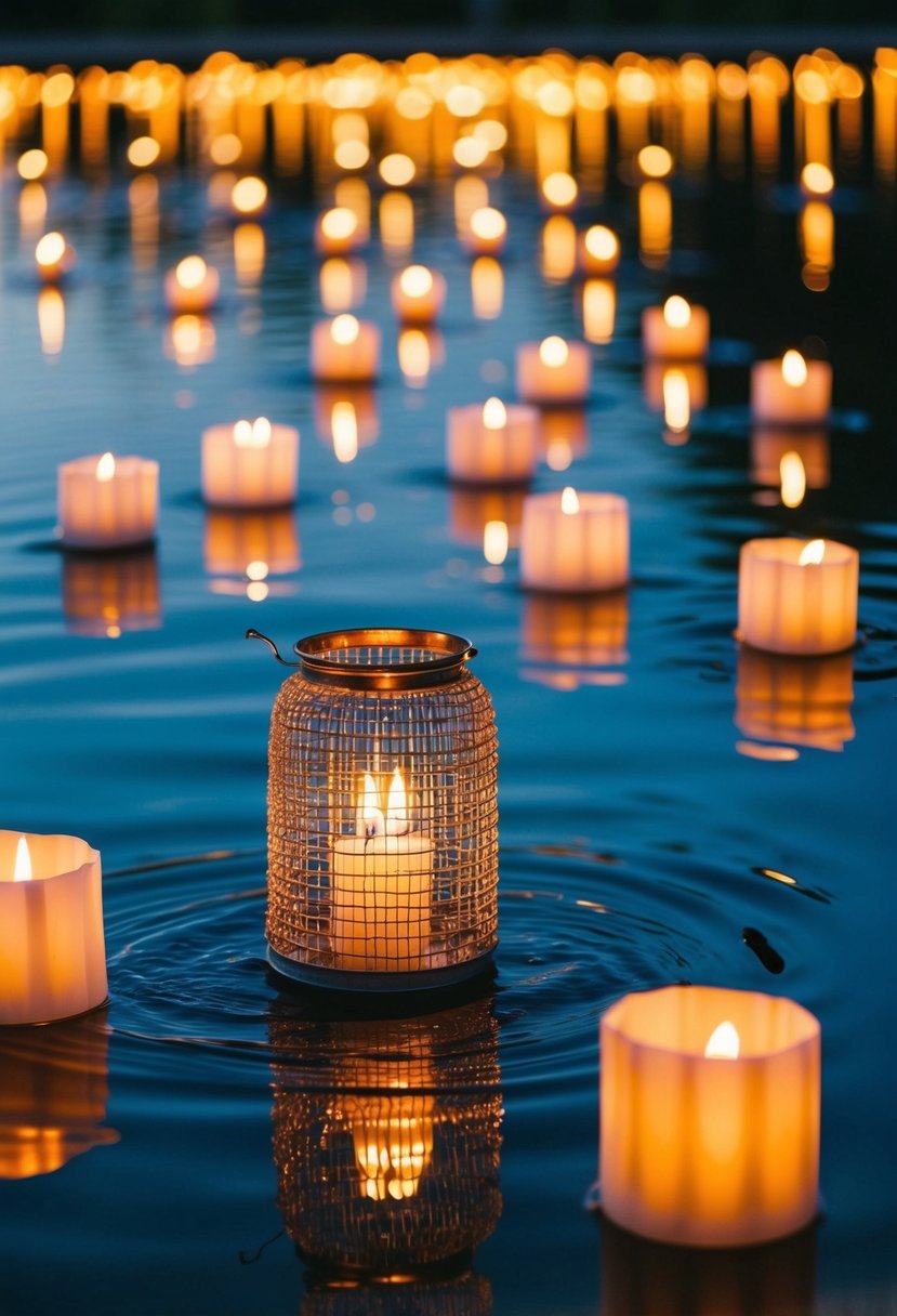 Luminous candles and lanterns drift on the water at a wedding