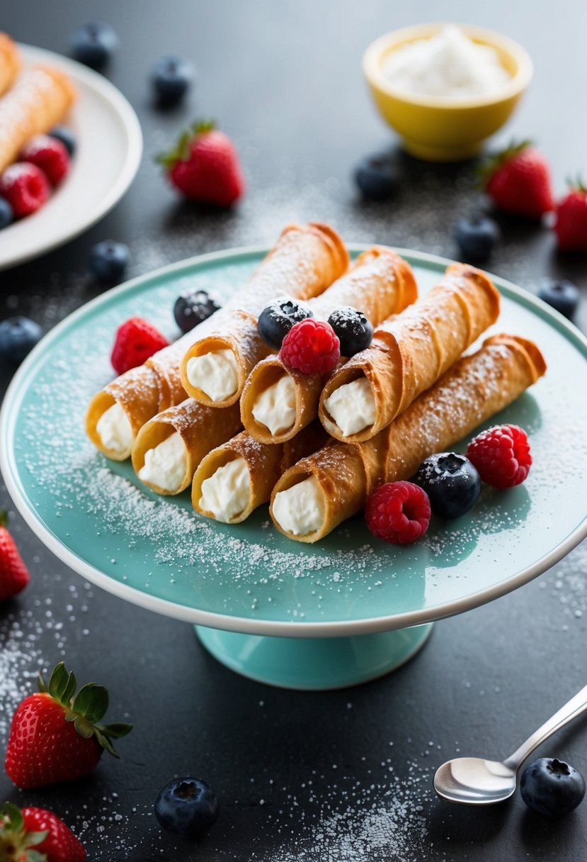 A platter of cannoli filled with ricotta surrounded by fresh berries and garnished with powdered sugar