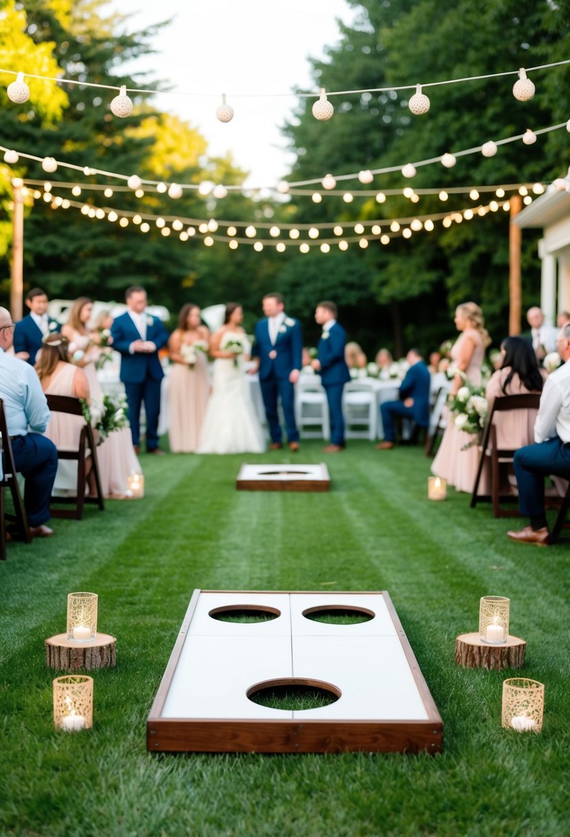 A backyard wedding with a cornhole game set up on a manicured lawn, surrounded by festive decorations and guests enjoying the outdoor celebration