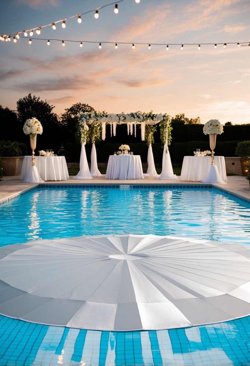 A pool cover transforms into a dance floor at a wedding, surrounded by the shimmering water of the pool, twinkling lights, and elegant decor