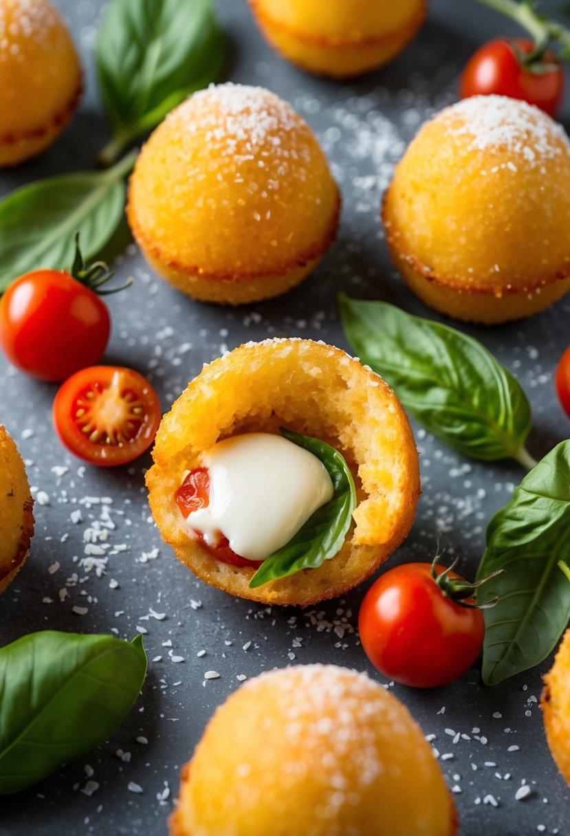 Golden arancini surrounded by fresh basil and cherry tomatoes, with oozing mozzarella filling