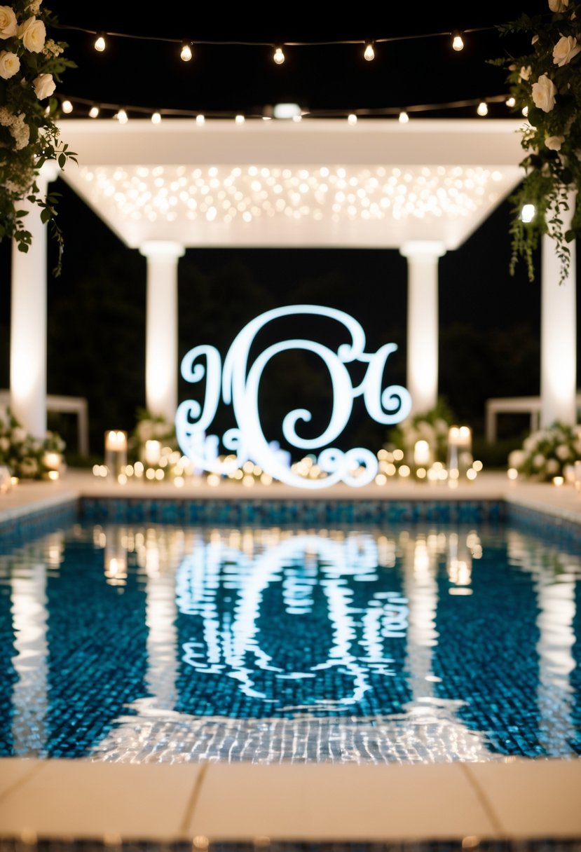 A custom monogram projected onto a shimmering pool at a wedding, surrounded by twinkling lights and elegant decor