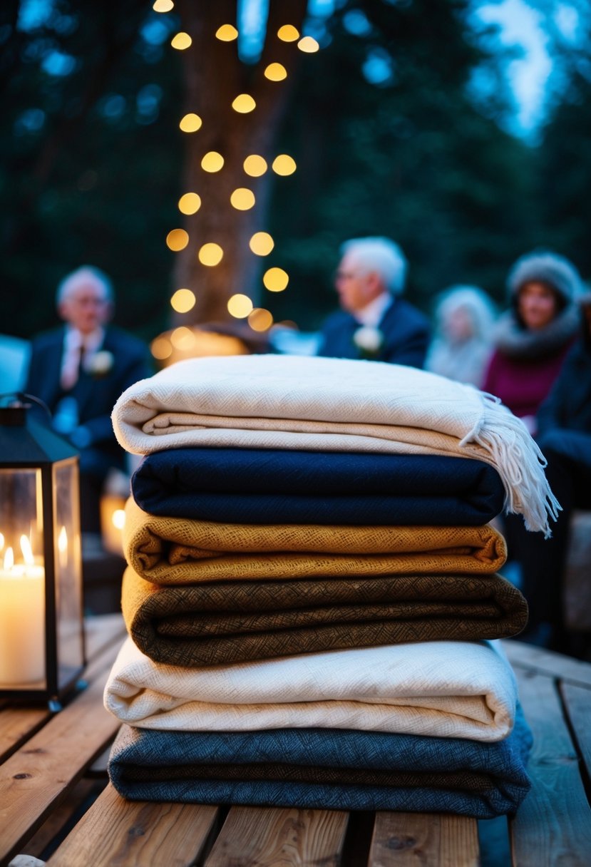 A cozy outdoor wedding scene with a stack of folded blankets ready for guests to use on a chilly evening