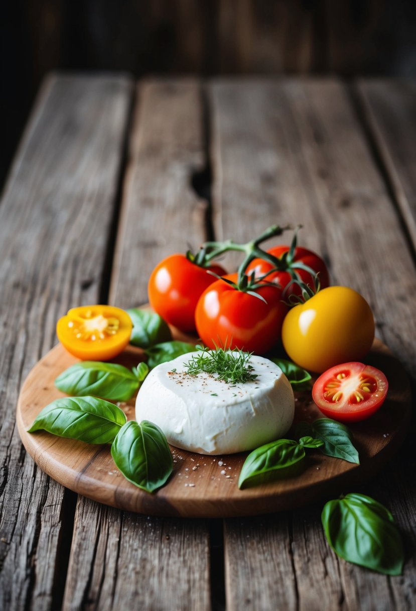 A rustic wooden table adorned with a platter of creamy burrata cheese surrounded by vibrant heirloom tomatoes and fresh basil leaves