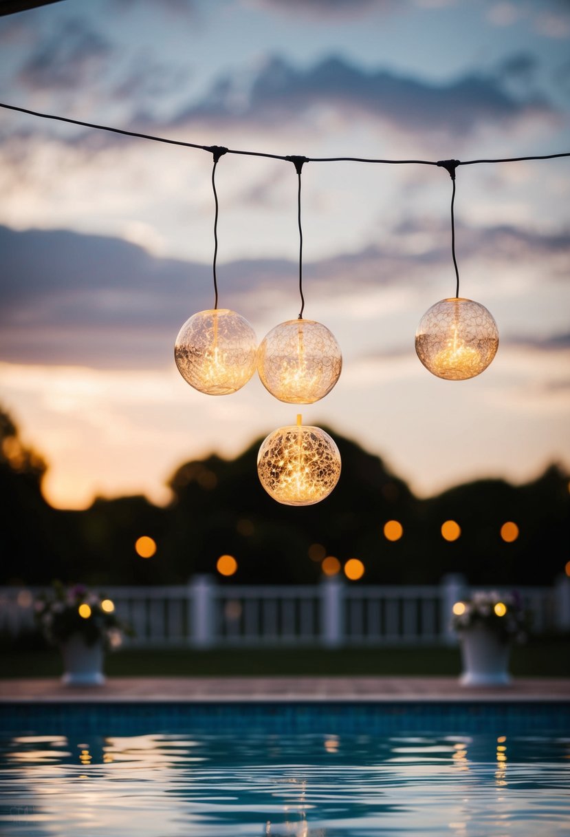 Glowing LED orbs float above a serene pool at a romantic wedding venue