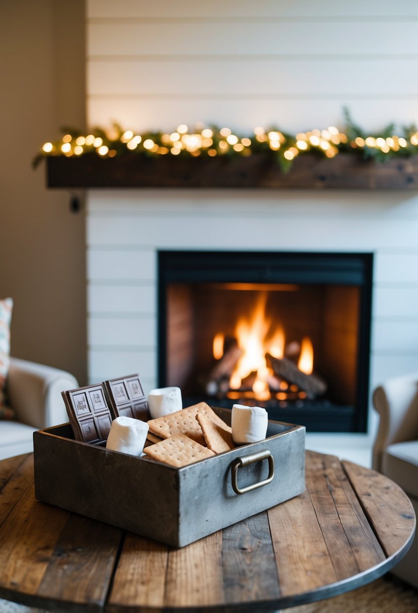 A cozy fireplace with a rustic table holding a s'mores station complete with graham crackers, marshmallows, and chocolate bars