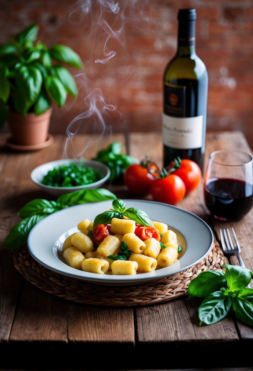 A rustic table set with a steaming plate of gnocchi sorrentina, surrounded by fresh basil, tomatoes, and a bottle of Italian wine