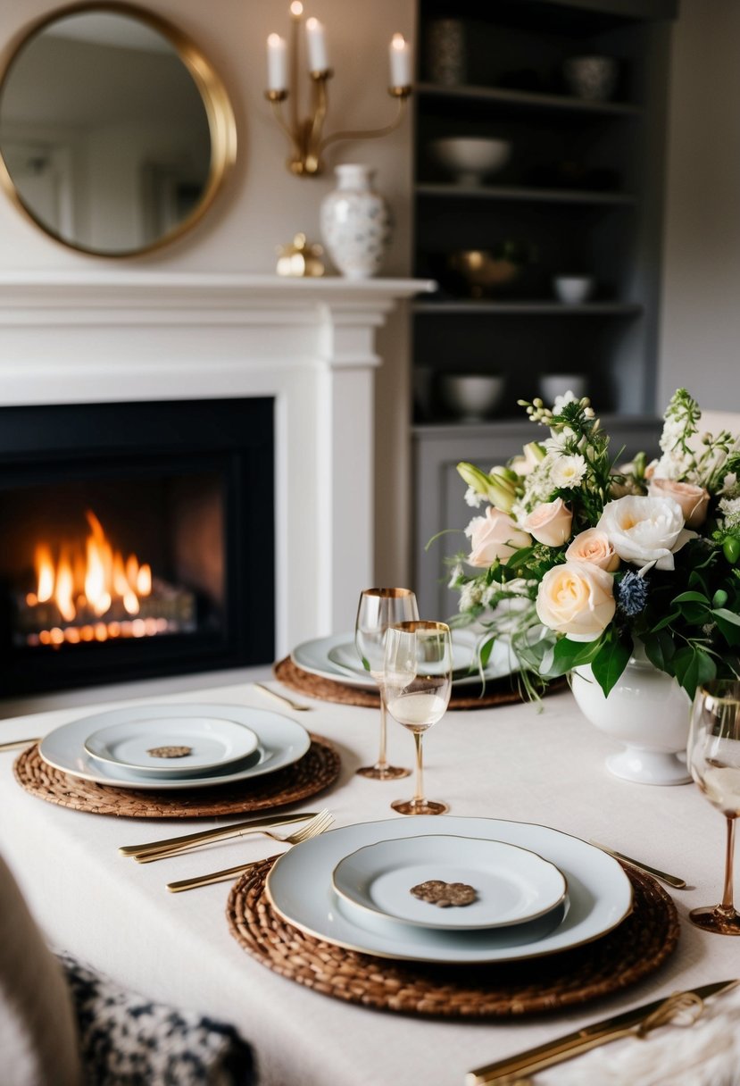 A cozy living room with a fireplace, soft lighting, and a table set for two with elegant dinnerware and a bouquet of fresh flowers