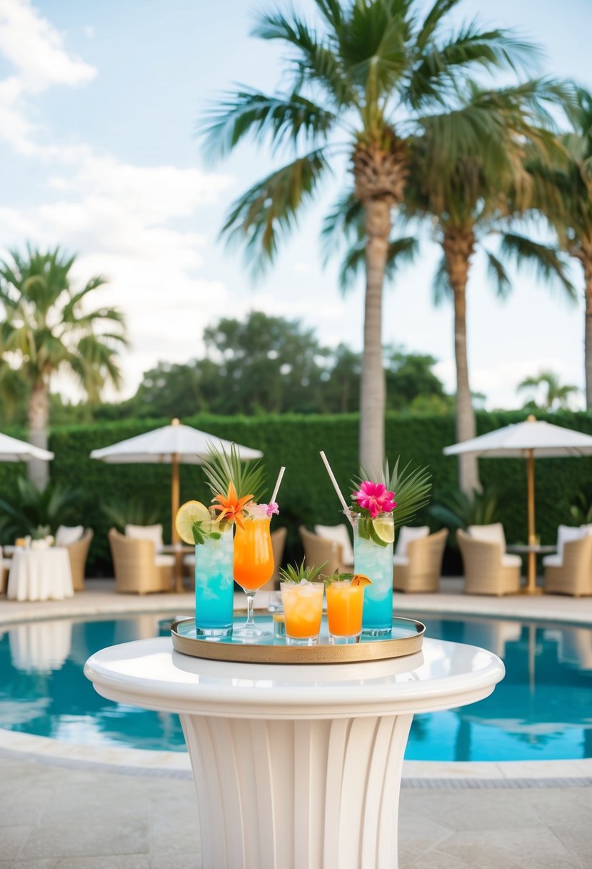 A poolside cocktail bar at a wedding, with tropical drinks, palm trees, and elegant poolside seating