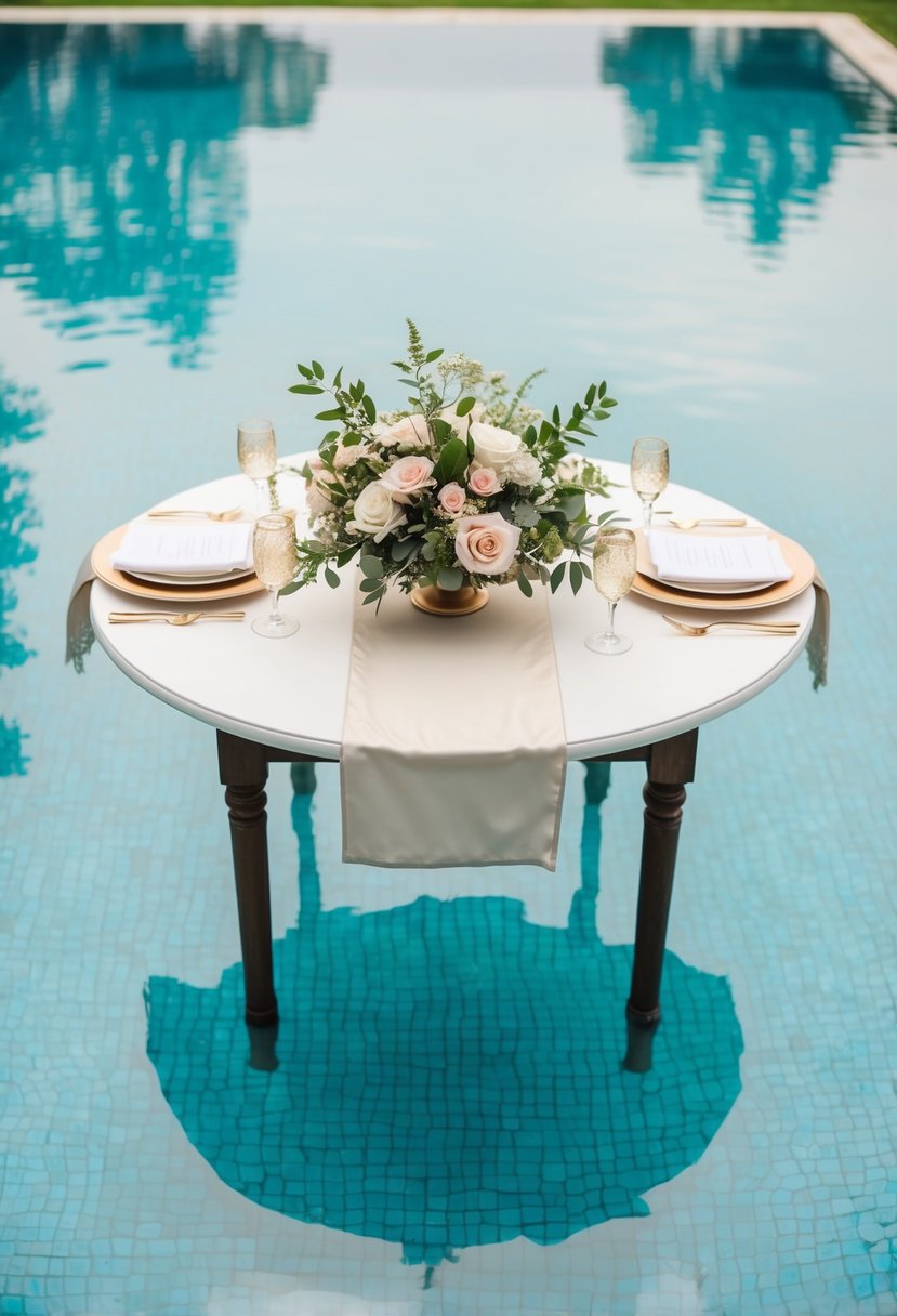 A table floats on the surface of a crystal-clear pool, adorned with elegant wedding decor and floral arrangements