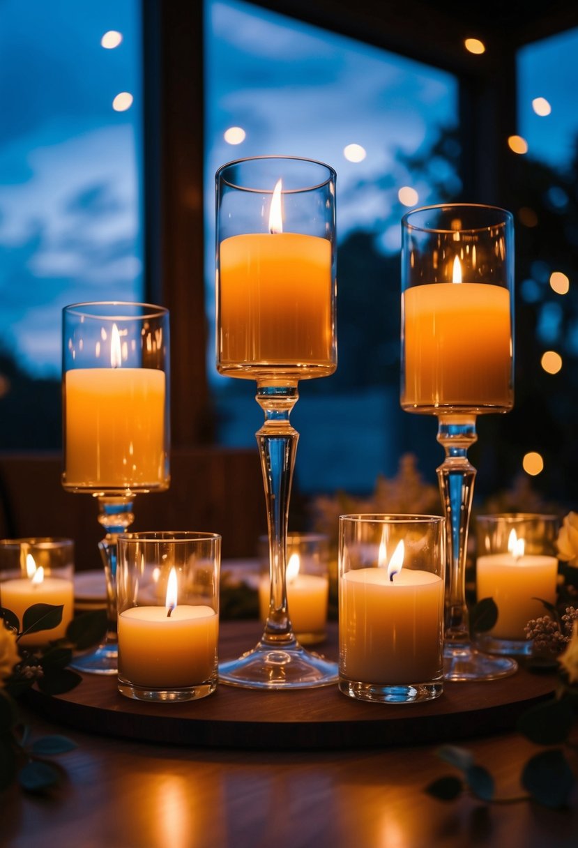 Candles in glass holders illuminate a cozy evening wedding setup at home