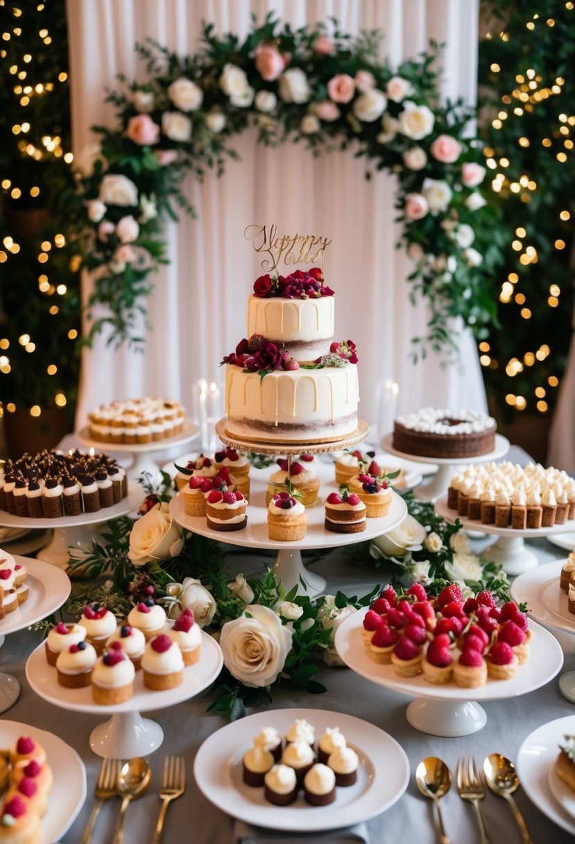 A table adorned with a variety of decadent desserts, surrounded by elegant serving dishes and utensils. A backdrop of twinkling lights and floral arrangements completes the romantic wedding-inspired scene