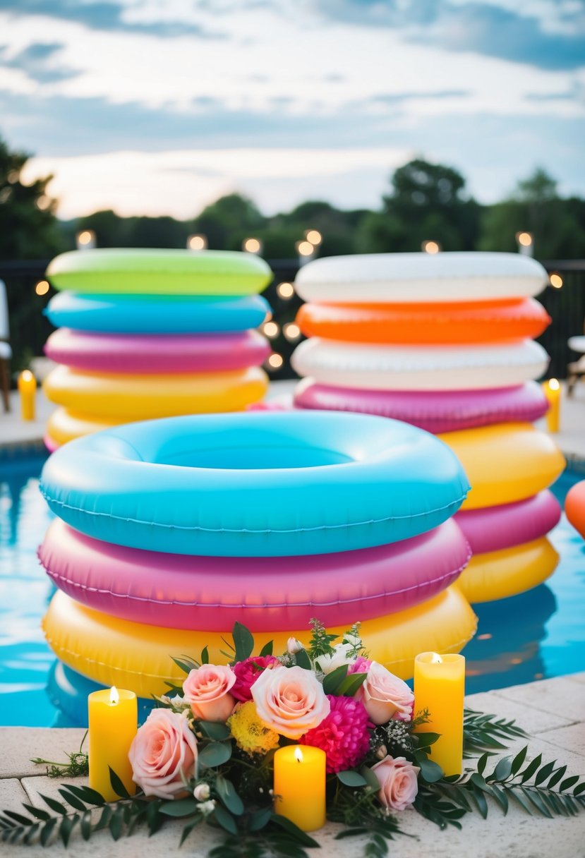 Colorful pool floats arranged for a wedding, surrounded by flowers and candles