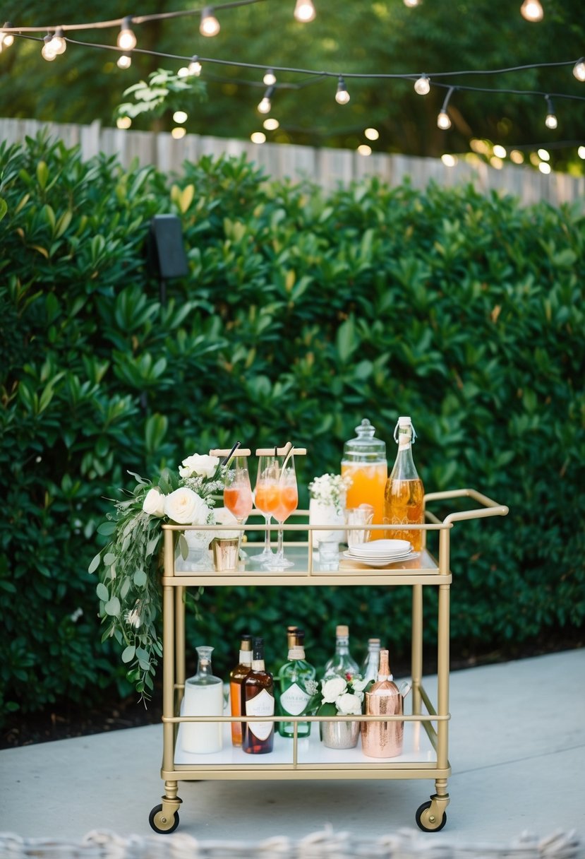 An outdoor bar cart adorned with signature drinks and wedding decor, set against a backdrop of lush greenery and twinkling string lights