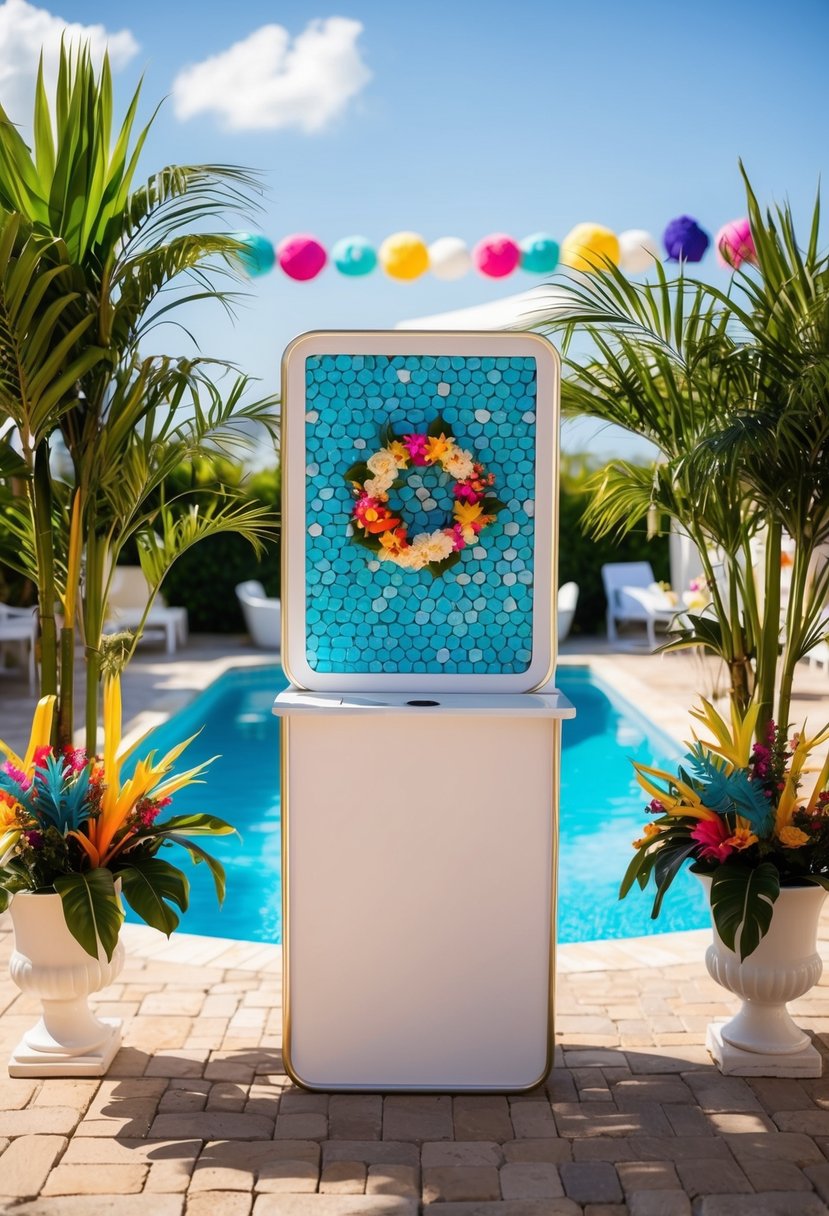 A poolside photo booth at a wedding, surrounded by tropical plants and colorful decorations, with a backdrop of the pool and sunny sky