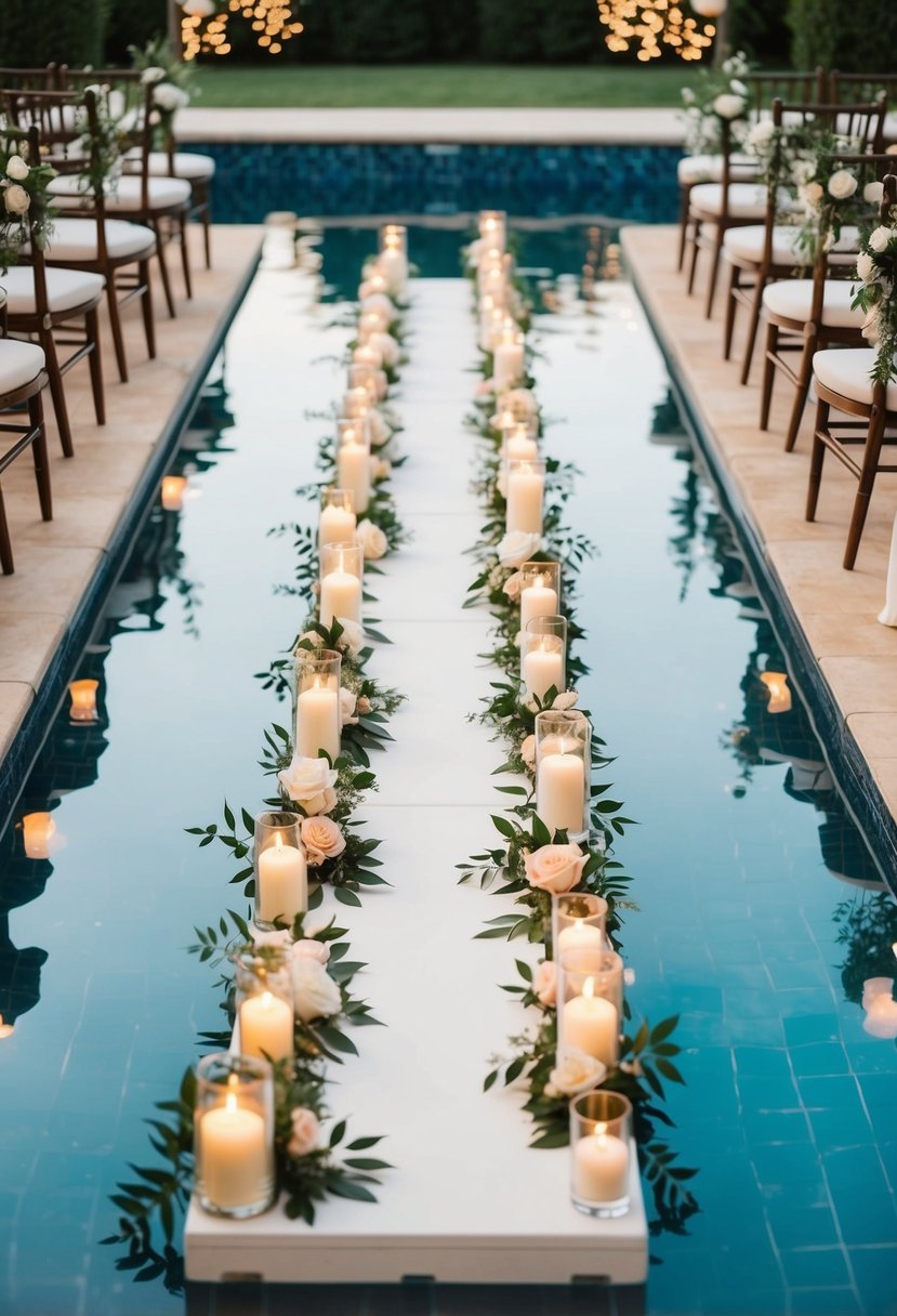 A floating aisle winds through a pool, adorned with flowers and candles, creating a romantic setting for a wedding ceremony