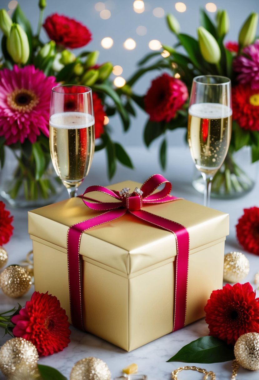 A beautifully wrapped gift box surrounded by elegant floral arrangements and sparkling champagne glasses