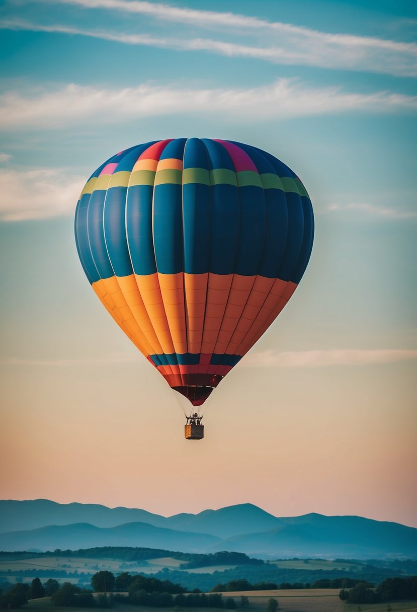 A colorful hot air balloon floats peacefully in the sky, with a picturesque landscape below and a clear blue sky above